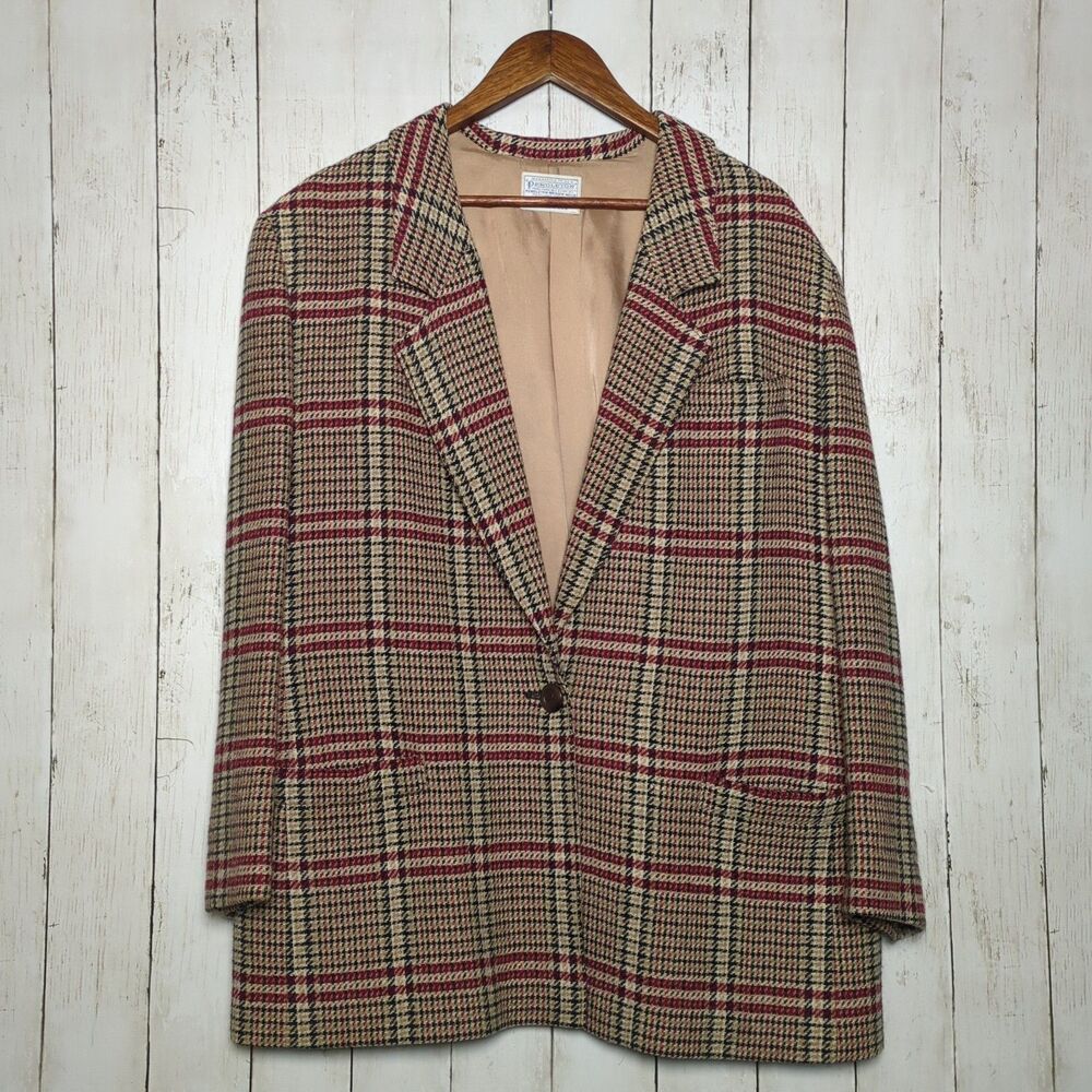 Vintage Pendleton Wool Plaid Blazer USA Preppy Academia Womens XL Red Tan Black